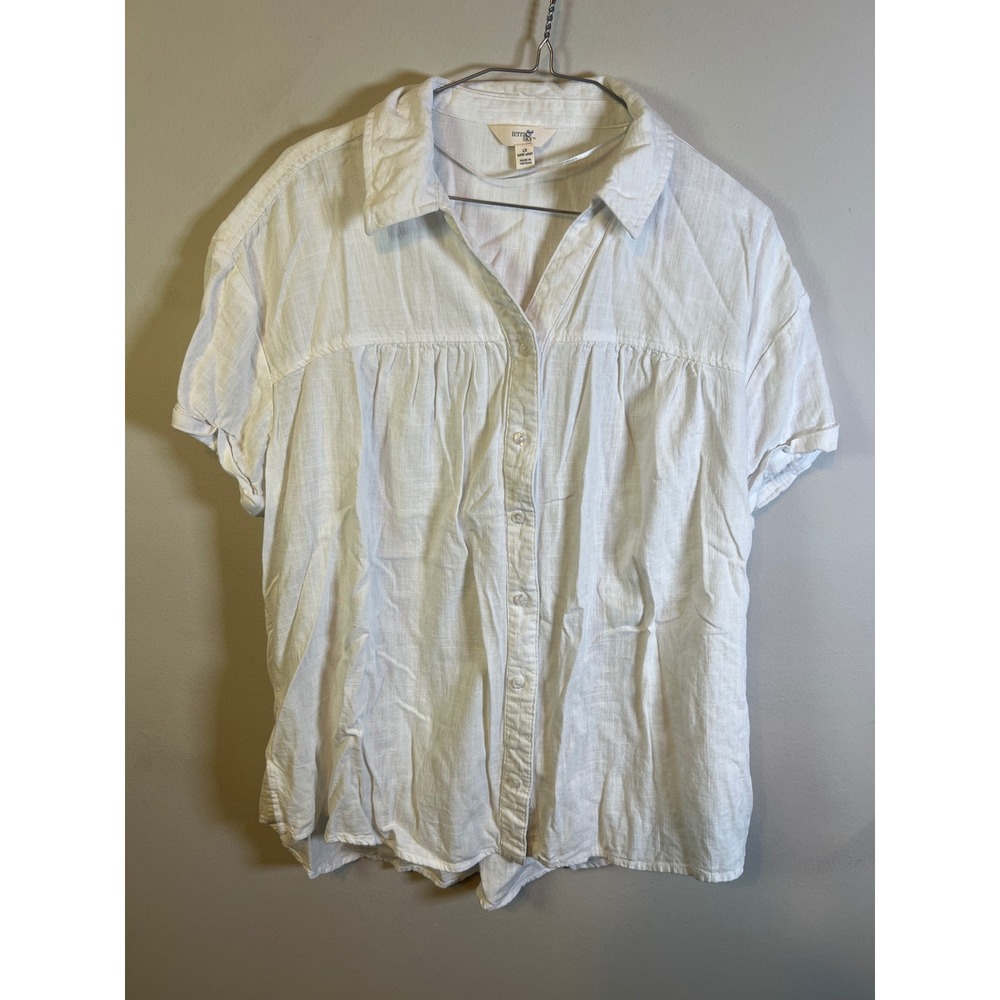 Terra & Sky Womens Short‎ Sleeve Linen Blend Button Down White 1X
